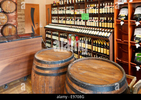 YALTA, RUSSIA - SEPTEMBER 2, 2014: local crimean wine in wine shop in Yalta, Crimea. Winemaking in Crimea has existed for over t Stock Photo