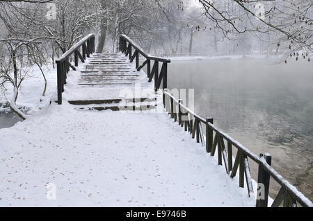 small wooden bridge at winter Stock Photo