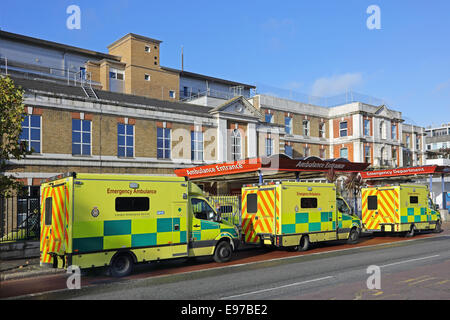 Ambulances lined up outside London's Kings College Hospital Accident and Emergency department on Denmark Hill. Stock Photo