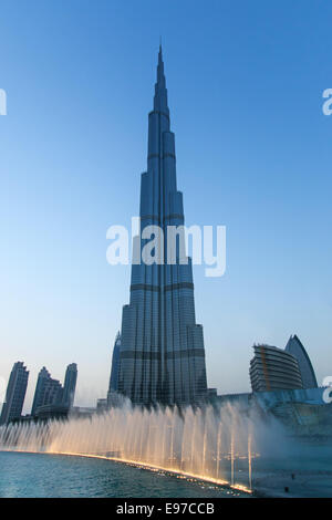 DUBAI, UAE - October 07, 2014: Musical fountains in front of Burj Khalifa Stock Photo
