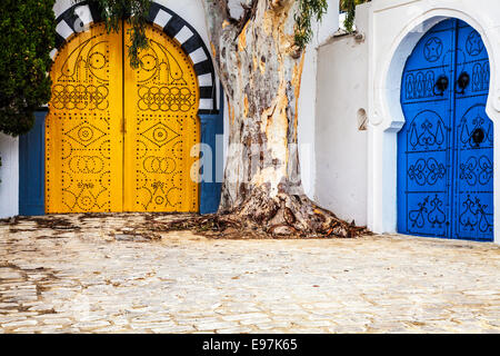 A typical studded wooden doors in Sidi Bou Said, Tunisia. Stock Photo