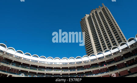 Barbican apartments residential tower and luxury flats exterior view Chamberlin Powell architects buildings with clear blue sky copy space in London England Great Britain UK   KATHY DEWITT Stock Photo