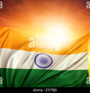 Indian flag in front of bright sky Stock Photo