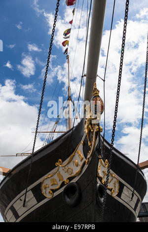 Close-up of the bow of the SS Great Britain showing the gold lion and coat of arms. The ship was launched in 1843. Stock Photo