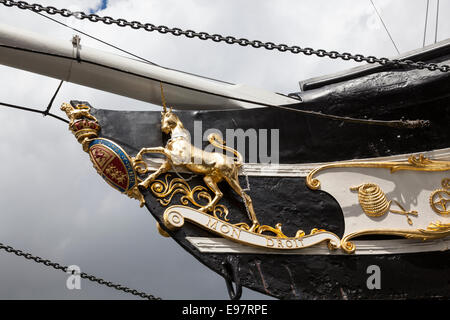 Close-up of the port bow of the SS Great Britain showing the gold unicorn and coat of arms. The ship was launched in 1843. Stock Photo