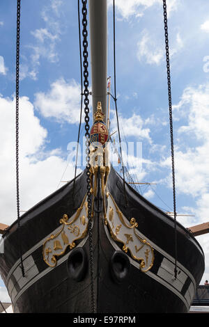 Close-up of the bow of the SS Great Britain showing the gold lion and coat of arms. The ship was launched in 1843. Stock Photo