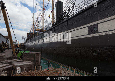 The SS Great Britain as seen from the quayside and showing the length of the hull. The ship was launched in 1843. Stock Photo