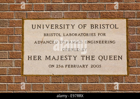 Foundation stone laid by Her Majesty the Queen (Elizabeth II) in the laboratories for advanced dynamics, Bristol University.
