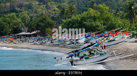 Fishing boats on beach Senggigi Beach Lombok Indonesia Stock Photo