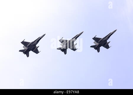 Three Mc Donnell Douglas EF-18A+ Hornets from the Spanish air force, flying in close formation. Stock Photo