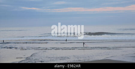 Wide vista beach 3 surfers tiny against expanse nature preparing to surf. large wave is breaking in background sky sea is Stock Photo