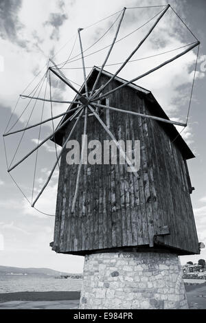 Old wooden windmill, the most popular landmark of old Nesebar, Bulgaria Stock Photo