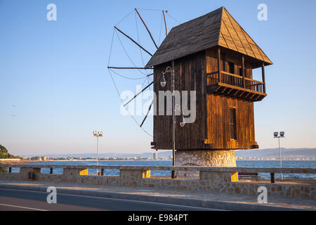 Old wooden windmill on the coast, the most popular landmark of old Nesebar town, Bulgaria Stock Photo