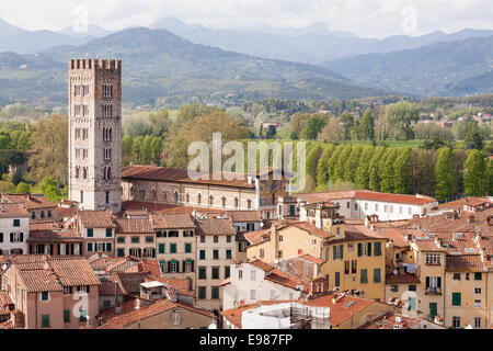 the church of San Frediano and neighbouring Piazza Anfiteatro Romano, Lucca, Italy Stock Photo