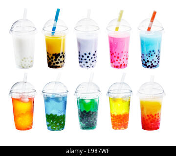 Different sorts of Boba Bubble Tea Cocktail. Standing in a row isolated on white background. Stock Photo