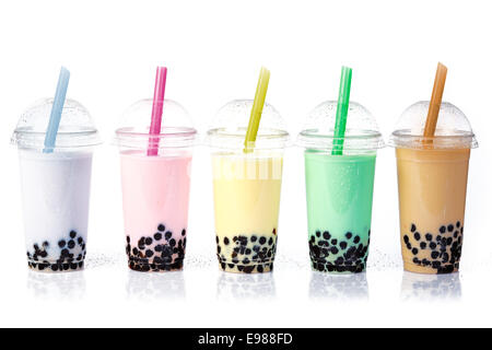 Various Bubble Tea in a row isolated on white background. Stock Photo