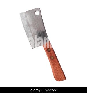 Sharp steel chopper used during food preparation in a kitchen by a chef isolated on white Stock Photo