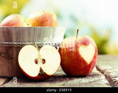 Ripe red apple still life display with a halved apple and an apple with a heart cutout leaning against a wooden tub filled with Stock Photo