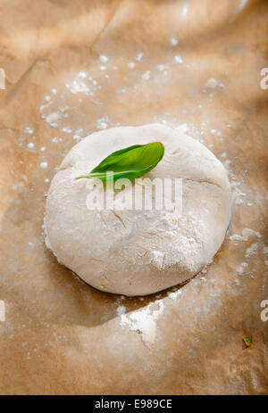 Fresh pizza dough for a pizza base left to rise before being rolled out and cut into a round shape for the crust Stock Photo
