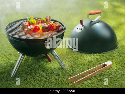 Barbecue cookout with delicious lean beef and vegetable kebabs grilling over glowing coals in a portable barbecue or braai outdoors on a green lawn Stock Photo