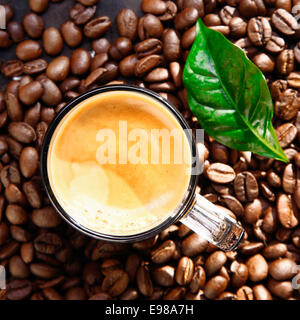 Looking down on a full cup of fresh coffee placed over a background of scattered coffee beans with a glossy green leaf Stock Photo