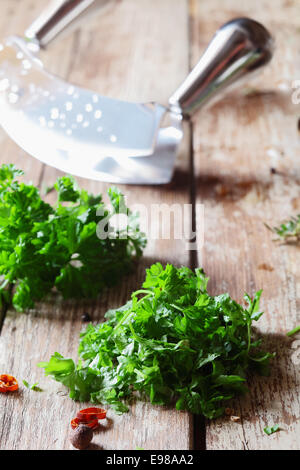 https://l450v.alamy.com/450v/e98aa2/chopping-crinkly-leafed-parsley-with-a-curved-blade-on-a-grunge-weathered-e98aa2.jpg