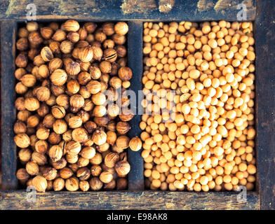 Overhead view of two varieties of dried mustard seeds, brown and white mustard, used as a flavouring in cookery Stock Photo