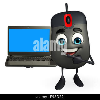 Cartoon Character of Computer Mouse with Laptop Stock Photo