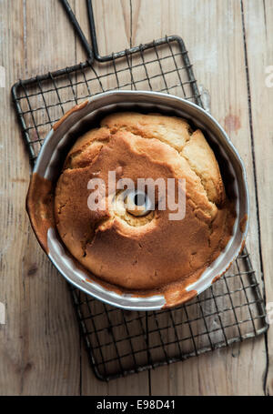 Freshly baked ring cake cooling on an old wire rack still in its circular mould, overhead view Stock Photo