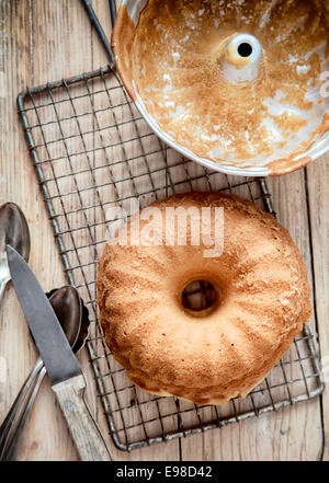 Delicious freshly baked golden ring cake laid out to cool on a metal grid alongside its circular tin mould Stock Photo