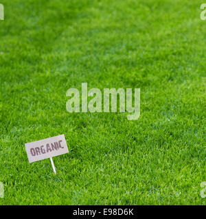 Background of neatly cut fresh lush green spring or summer grass with an Organic sign down in the left hand corner Stock Photo