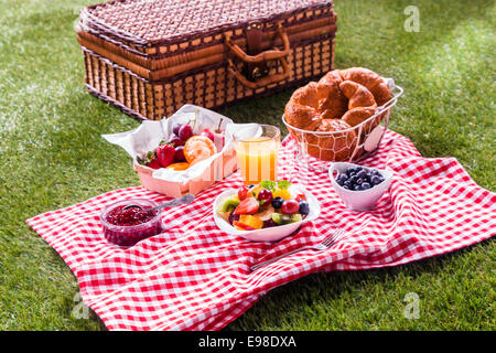 Colorful healthy summer picnic spread out on a red and white checked cloth alongside a wicker hamper with fresh fruit and fruit Stock Photo