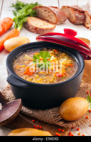 Overhead view of a thick wholesome vegetarian vegetable and lentil stew served with sliced bread on bricks
