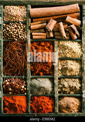 Different kinds of spices, from garlic powder and cinnamon to paprika in a wooden box, high angle Stock Photo