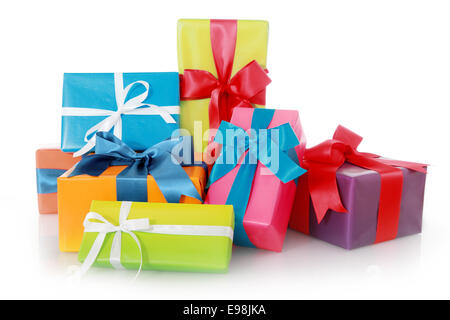 Assorted Color Gift Boxes with Ribbons Isolated on White Background. Stock Photo