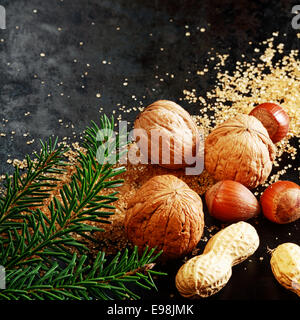 Fresh assorted whole nuts for a festive Xmas with almonds, hazelnuts and peanuts in their shells on brown caramelized sugar with pine foliage on a dark background with copyspace for your greeting Stock Photo