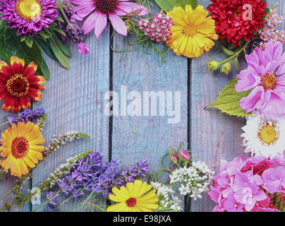 Colorful frame of fresh summer flowers arranged as a border on rustic blue wooden boards with copyspace for your text Stock Photo