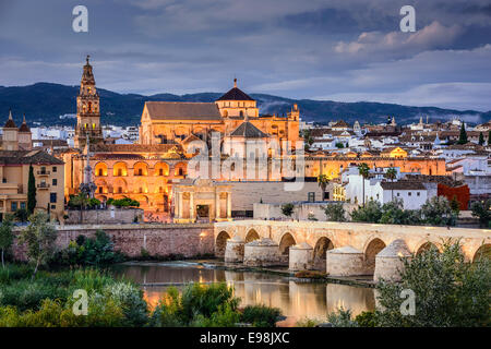 Cordoba, Spain at the Roman Bridge and Town Skyline on the Guadalquivir River. Stock Photo