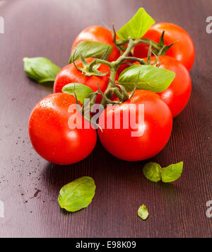 vine-ripened tomatoes with basil on a wooden plate Stock Photo