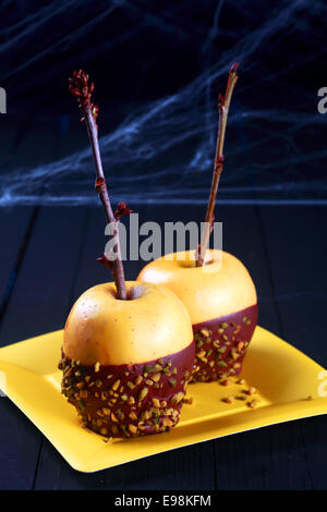 Festive Halloween apple dessert with two fresh golden apples dipped in chocolate and sprinkles with twigs festooned in cobwebs served on a yellow platter Stock Photo