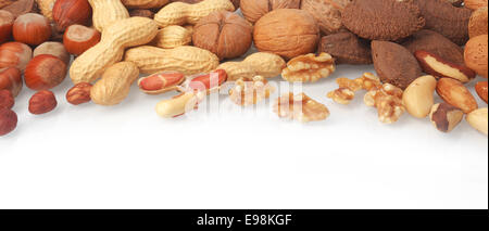Mixed whole and shelled nuts in a horizontal banner including hazelnuts, brazil nuts, peanuts or groundnuts and walnuts on white with copyspace below Stock Photo