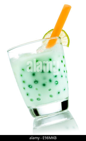 Boba bubble Tea with fresh lime Bubbles isolated on white with beautiful reflexion. Stock Photo