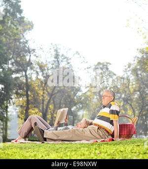 Mature couple having a picnic in park on a beautiful sunny day shot with a tilt and a shift lens Stock Photo