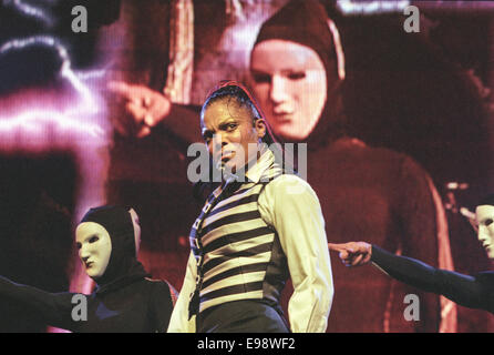 American singer Janet Jackson in concert at Glasgow SECC, in Glasgow, Scotland, in 1998. Stock Photo