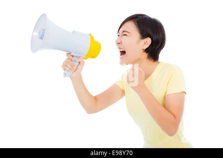 happy young student girl standing and holding megaphone Stock Photo