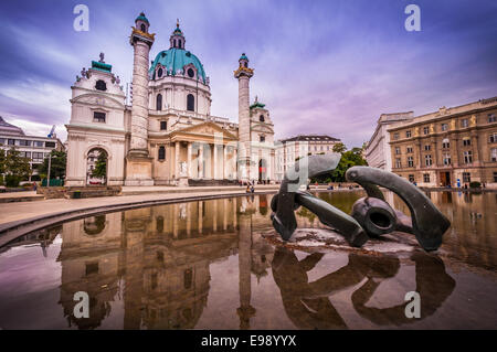 St Charles Church reflects in the pond Vienna Austria. Stock Photo