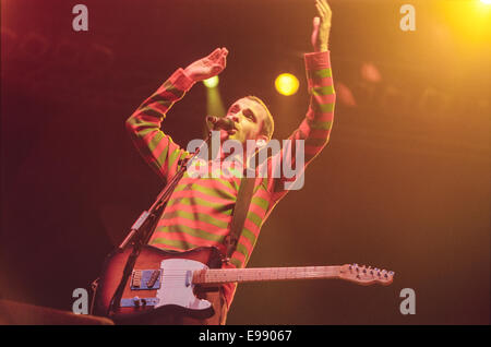 Fran Healy and Travis in concert on stage at 'T in The Park' music festival, in Scotland, in August 2000. Stock Photo