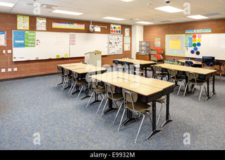 A modern Elementary school room, with desks, and high tech teaching tools. Stock Photo