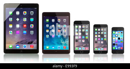 Apple Space Gray iPad Air, iPad Mini, iPhone 6 Plus, iPhone 6 and iPhone 5s on white background Stock Photo