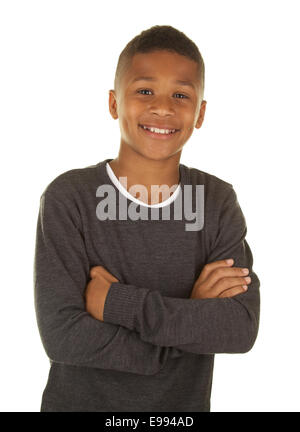 Confident Eleven Year Old African American Boy on a White Background Stock Photo